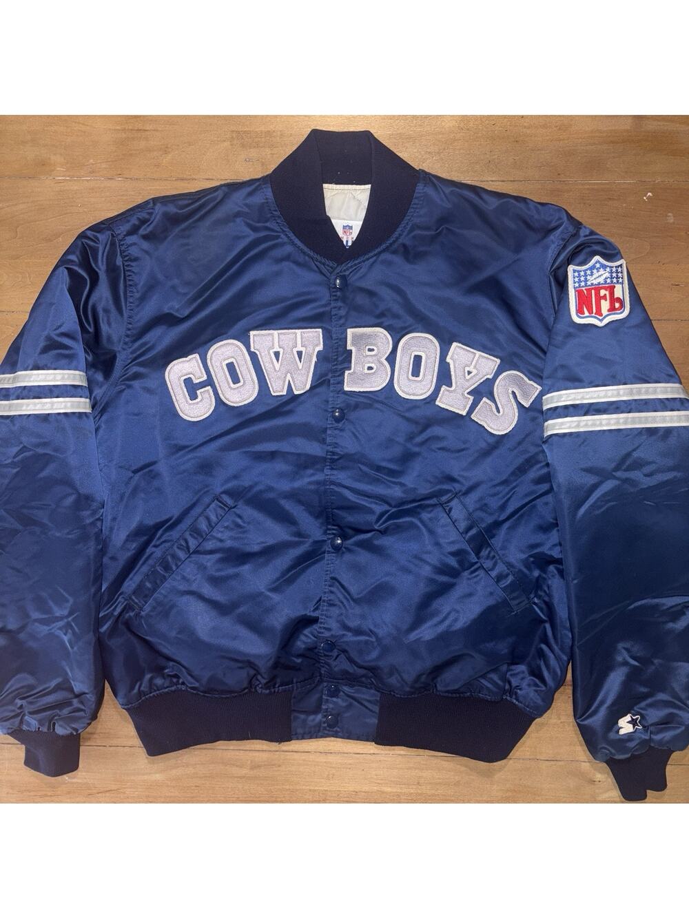 VTG 80s/90s Dallas Cowboys XL Satin Varsity Starter Jacket Navy Striped Tagged